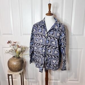 Classic‎ Elements Womens Blue Leaf Print Fleece Jacket Sz Petite Large Cabin Vtg